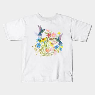 Hummingbirds In The Flower Garden Kids T-Shirt